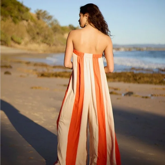 Striped Orange and White Strapless Eden Jumpsuit - Picture 4 of 9